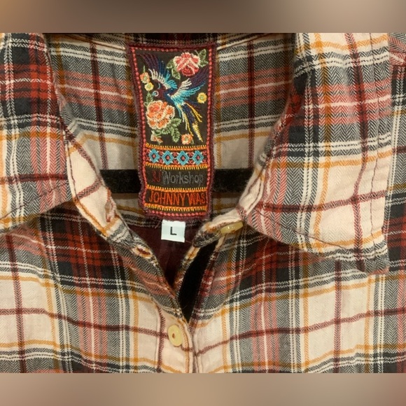 Johnny Was Plaid Embroidered Shirt | Size: L | Color: Burgandy - Picture 4 of 13